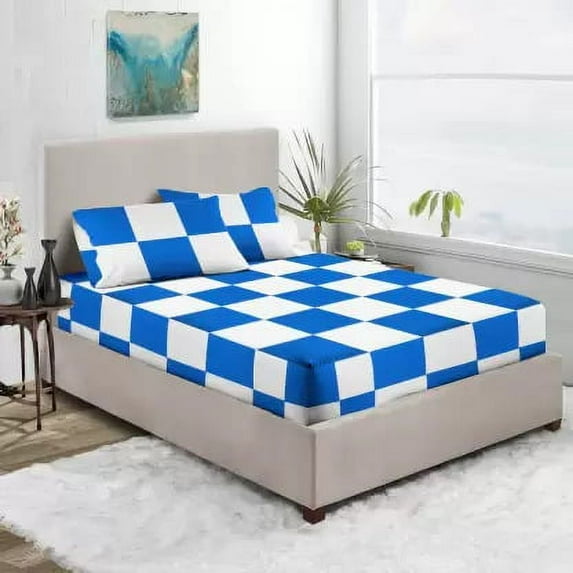 3 Piece Chex Fitted Sheet, 10" Deep Pocket, 300 Thread Count, Dual Color Fitted Sheet, Extra Long Staple 100% Egyptian Cotton, All Around Elastic - White & Royal Blue Solid, Olympic Queen Size.
