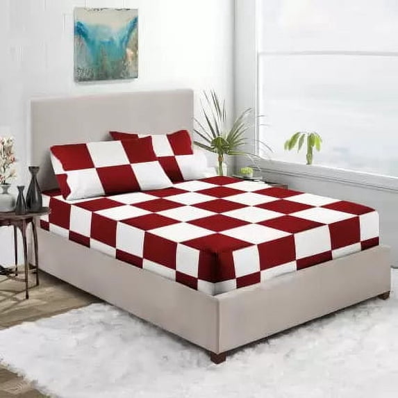 3 Piece Chex Fitted Sheet, 12" Deep Pocket, 300 Thread Count, Dual Color Fitted Sheet, Extra Long Staple 100% Egyptian Cotton, All Around Elastic - White & Burgundy Solid, Queen Size.