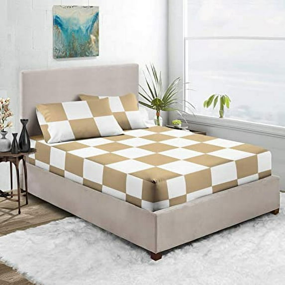 3 Piece Chex Fitted Sheet, 18" Deep Pocket, 300 Thread Count, Dual Color Fitted Sheet, Extra Long Staple 100% Egyptian Cotton, All Around Elastic - White & Taupe Solid, Twin-XXL Size.