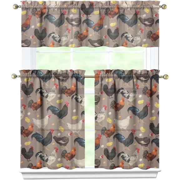 3 Piece Chicken Kitchen Curtains and Valances Set for Windows Rooster Kitchen Window Curtains Over Sink Decor 27.5x36 in