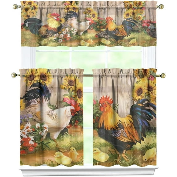 3 Piece Chicken Kitchen Curtains and Valances Set for Windows Rooster Kitchen Window Curtains Over Sink Decor 27.5x36 in
