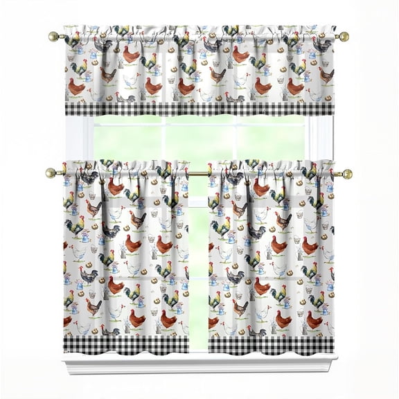 3 Piece Chicken Kitchen Curtains and Valances Set for Windows Rooster Kitchen Window Curtains Over Sink Decor 27.5x36 in