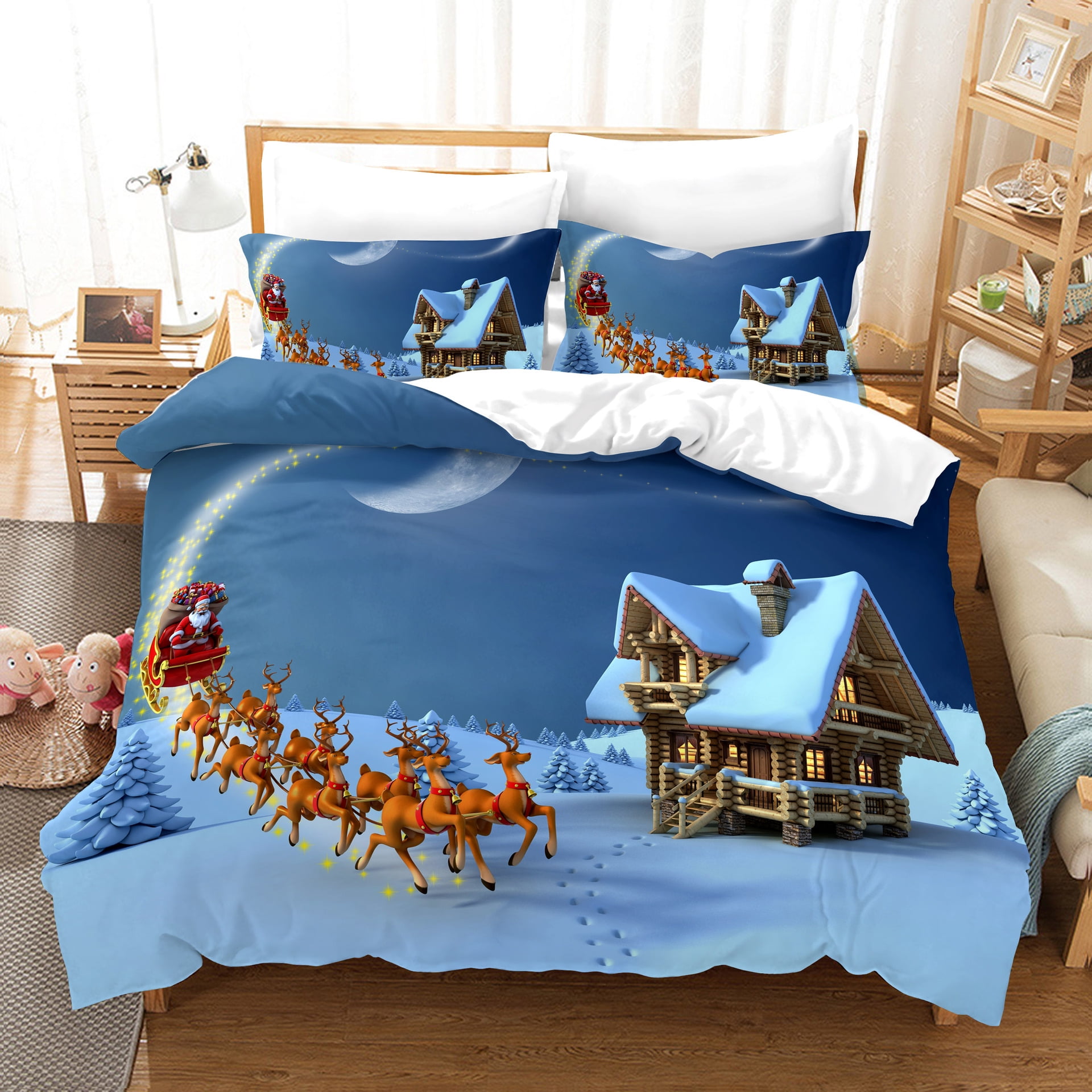 3 Piece Christmas Bedding Set Xmas Tree Elks Snowman Printed Quilt