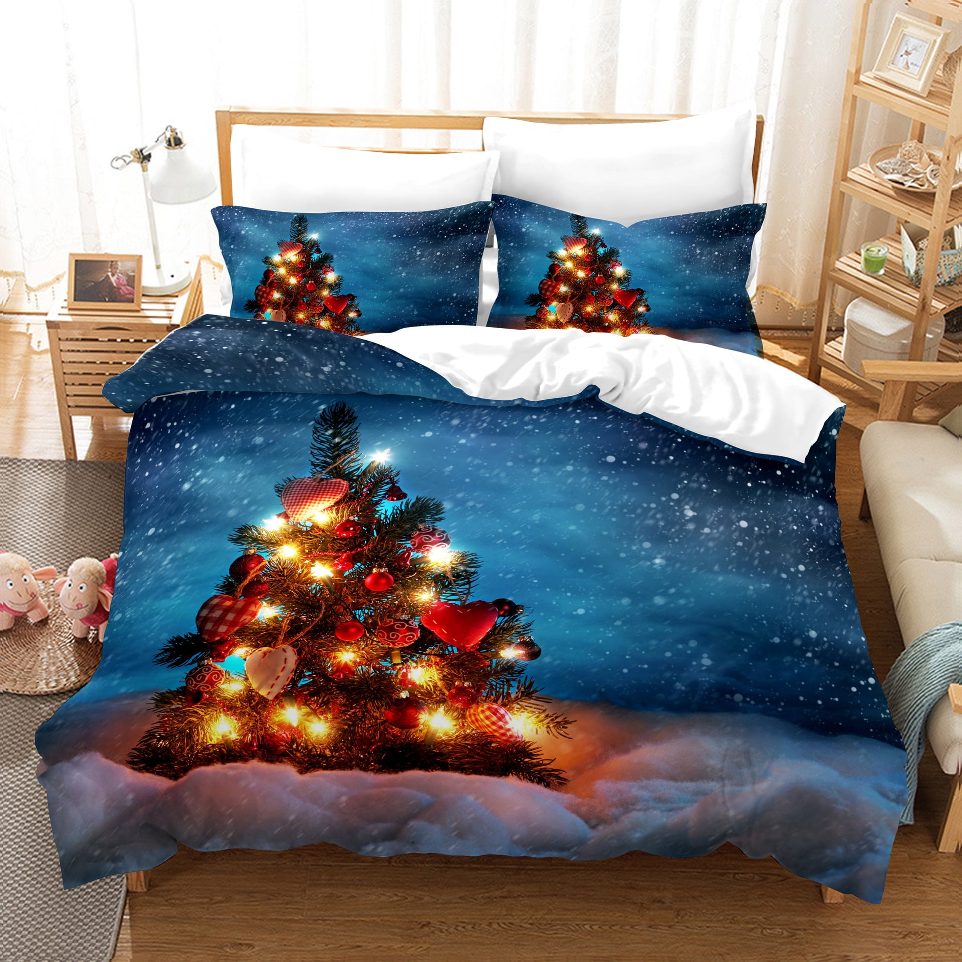 3 Piece Christmas Bedding Set Xmas Tree Elks Snowman Printed Quilt Coverlet for All Season
