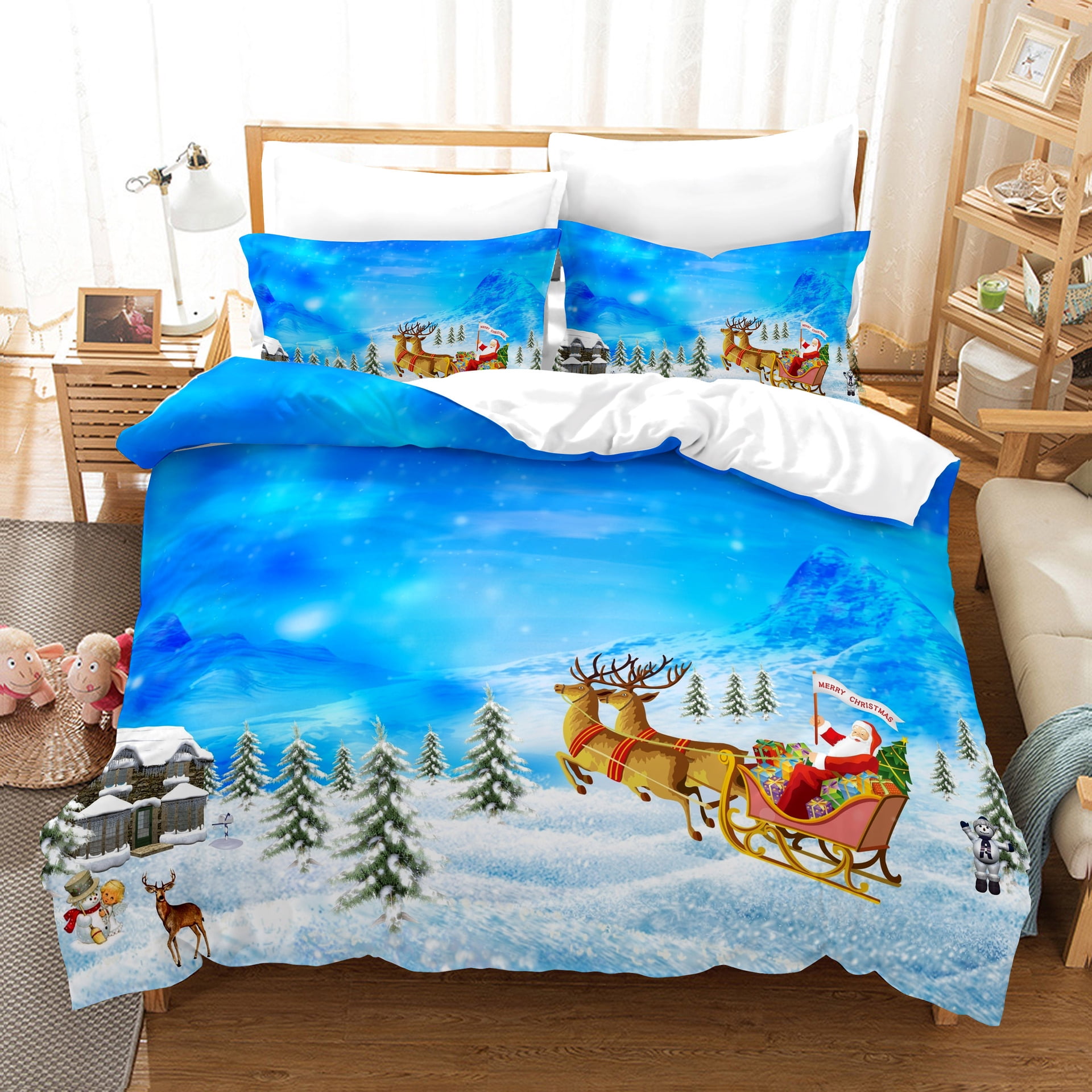 3 Piece Christmas Bedding Set Xmas Tree Elks Snowman Printed Quilt