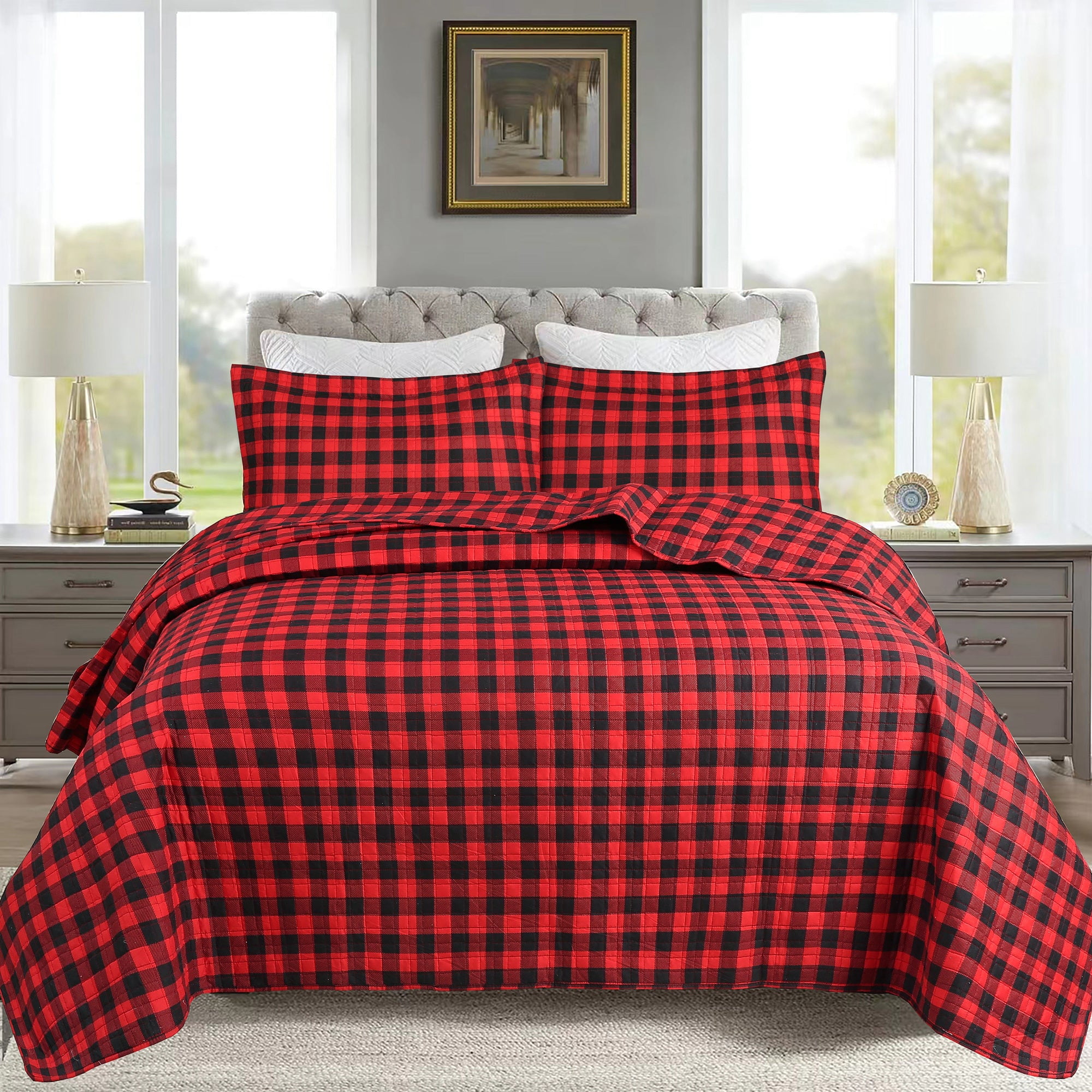 3-Piece Christmas Buffalo Plaid Quilt Set – Red & Black Gingham Bedspread ME506