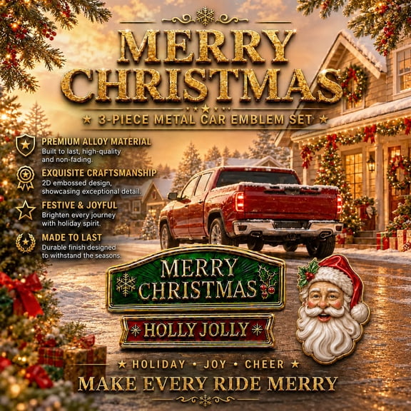3 Piece Christmas Car Emblem Metal Badge Set - Alloy Embossed Holly Jolly, Merry Christmas & Santa Claus, Weatherproof Vintage Vehicle Exterior Decoration for Truck SUV Christmas Car Decor