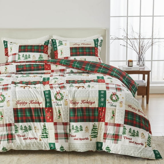 3-Piece Christmas Down Alternative Comfort Set with Shams (Full/Queen, Holiday Patchwork)