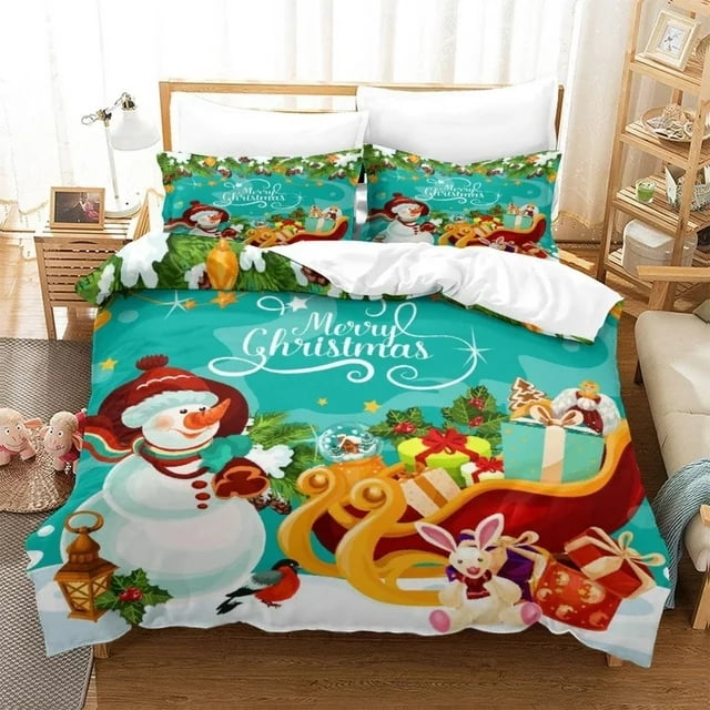 3 Piece Christmas Duvet Cover Set,Soft Christmas Theme Reindeers Santa
