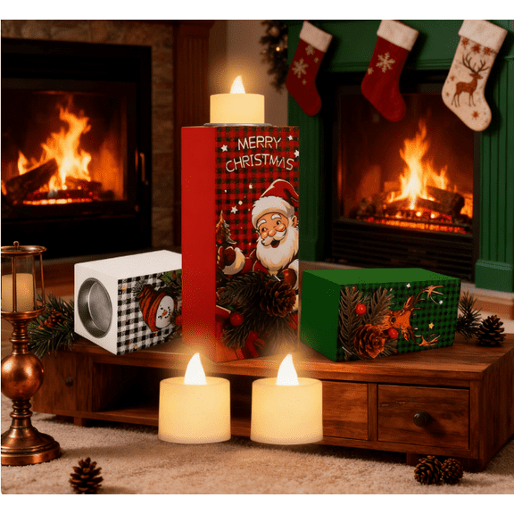 3-Piece Christmas LED Candle Holders: Wooden Rustic Decor & Loved Ones Gift