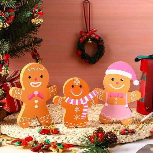 3 Piece Christmas Pink Gingerbread Man Table Decorations Wooden Xmas Tiered Tray Farmhouse Gingerbread House Sign Centerpieces for Table Shelf Fireplace Holiday Indoor Party Decor