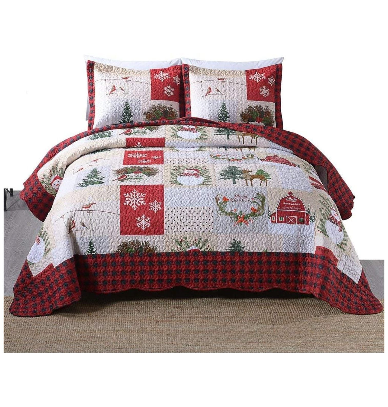 3 Piece Christmas Quilt Set, Rustic Deer Quilt Bedspread Throw Blanket