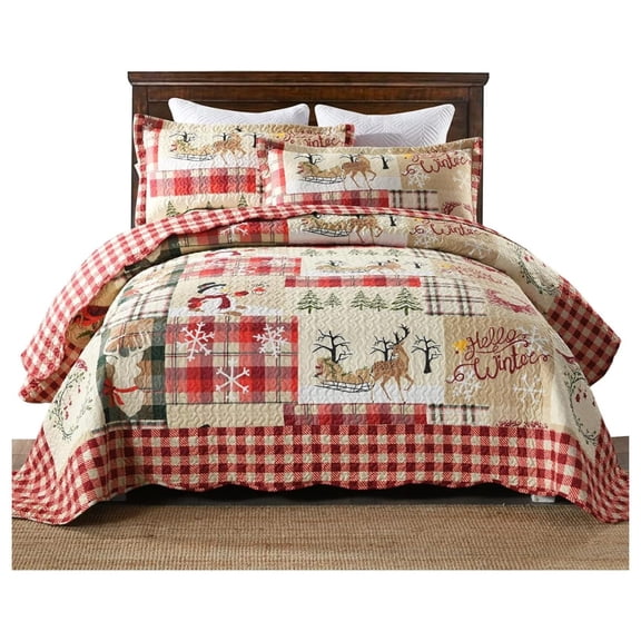 3 Piece Christmas Quilt Set, Rustic Deer Quilt Bedspread Throw Blanket Lightweight Bedspread Coverlet Comforter Set (Hello Winter, King)