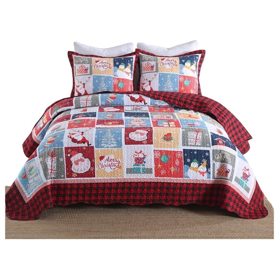 3 Piece Christmas Quilt Set, Rustic Deer Quilt Bedspread Throw Blanket Lightweight Bedspread Coverlet Comforter Set (Santa, King)