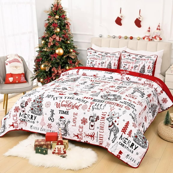 3 Piece Christmas Quilts Queen Size Xmas Tree Reversible Bedding Set with Snowman Design, Microfiber Comforter Set for Holiday Decorations (90'' x 90'')