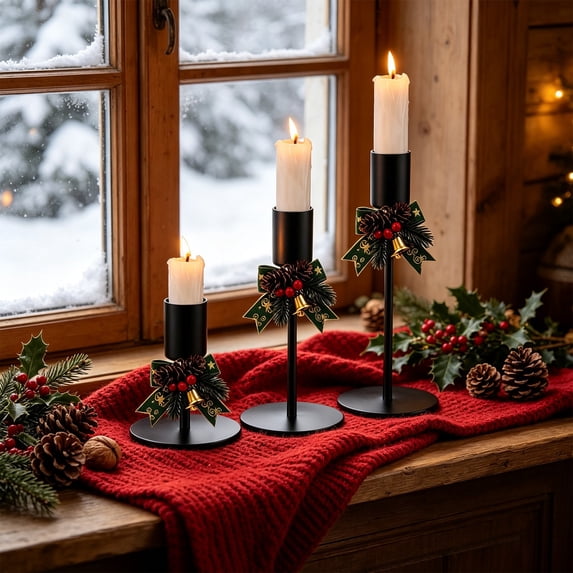 3-Piece Christmas Taper Candle Holder Set, Iron Stands with Bow, Pinecone and Berry Accents for Tabletop and Mantel Decor, Green