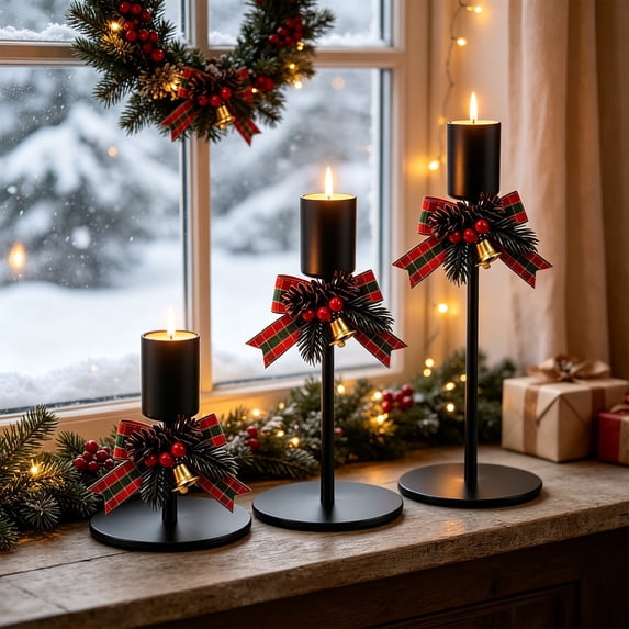 3-Piece Christmas Taper Candle Holder Set, Iron Stands with Bow, Pinecone and Berry Accents for Tabletop and Mantel Decor, Red