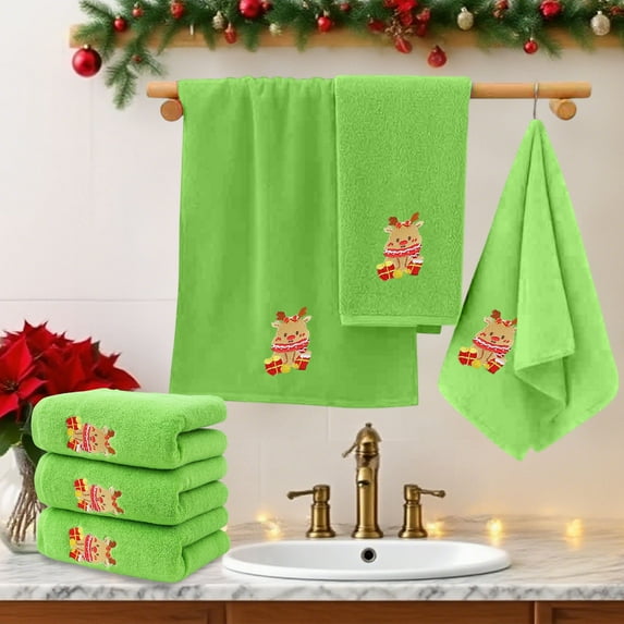 3 Piece Christmas Themed Embroidered Towels, Comfortable Household Cotton Bath Linens, Quick Drying Absorbent Washcloth, 75x35cm Red Green Yellow Light Green Purple Holiday Design, Light Green
