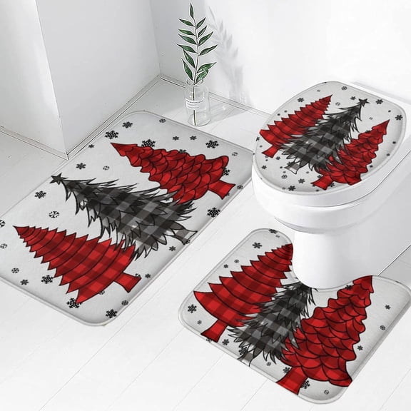 3 Piece Christmas Tree Bath Rug Sets Red Black Buffalo Plaids Check Snowflake Winter Decor Bath Mat Soft Non Slip Water Absorbent U-Shaped Contour Toilet Mat, Toilet Lid Cover