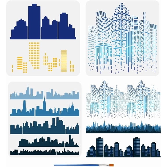 3-Piece City Buildings Painting Stencil Set with Brush 11.8x11.8 Inch City Silhouette Landscape & Reflection Patterns for DIY Making