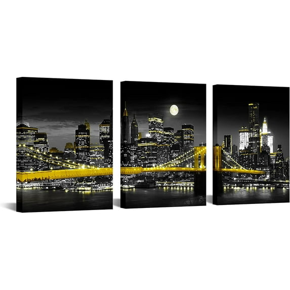 3 Piece City Canvas Wall Art New York Manhattan Night View Picture Giclee Canvas Prints Black and Gold Brooklyn Bridge Photo Painting Modern Stretched and Framed Cityscape Art Work Home