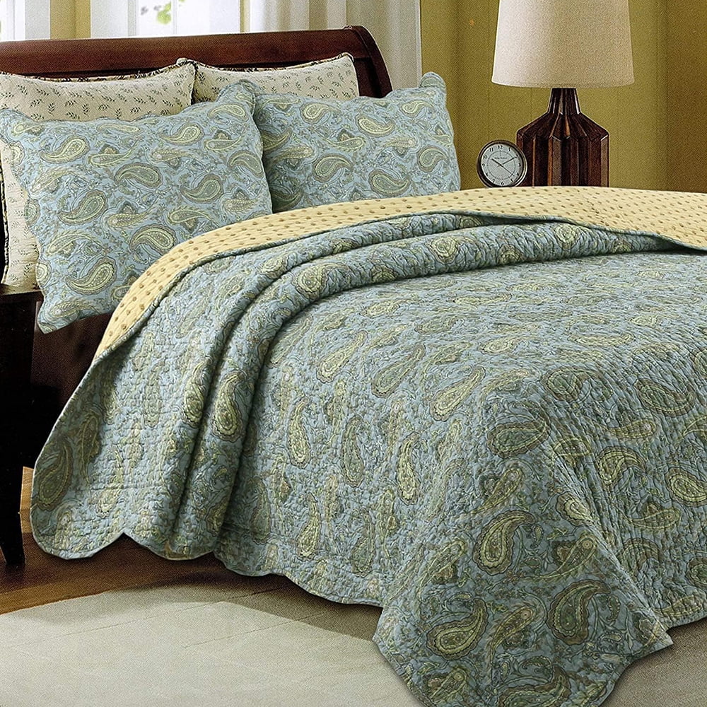 3 Piece Classic Country Cottage Classic Cotton Reversible Quilt Bedding Set, Comforter Set, Bedspread for Guest Room, Bedroom, Home, Hotel, Apartment, Dorm, RV, Cottage, Green Paisley, Queen