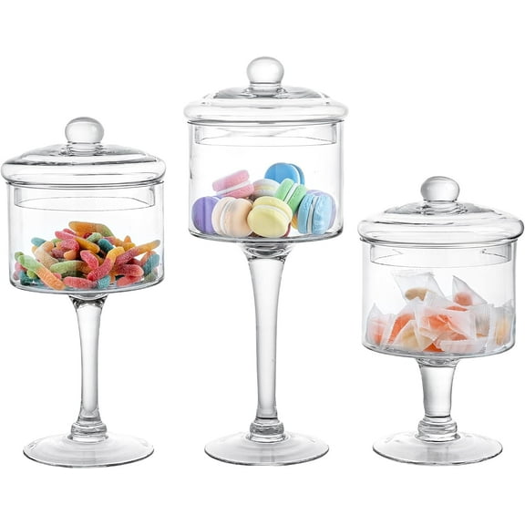 3-Piece Clear Glass Apothecary Candy Jar Set with Lids  Decorative Party Display Containers for Wedding Centerpieces, Dessert Tables, Kitchen Counter Storage, and Bathroom Dcor