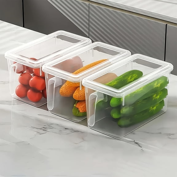 3-Piece Clear Storage Box Set with Lids, Handles, and Stackable Design Food-Grade Plastic Containers Ideal for Vegetables, Fruits, and More