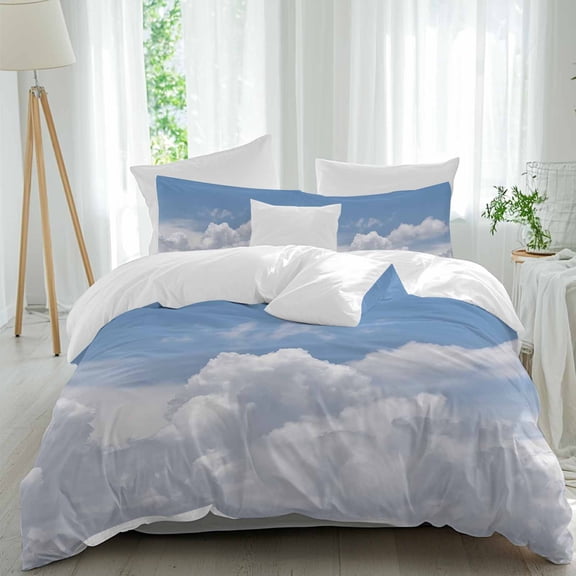 3 Piece Clouds Duvet Cover Set Full Size, Microfiber Comforter/Quilt Cover with Corner Ties and 2 Pillowcases, Blue White Sky Natural Landscape All Season Soft Bedding with Zipper Closure