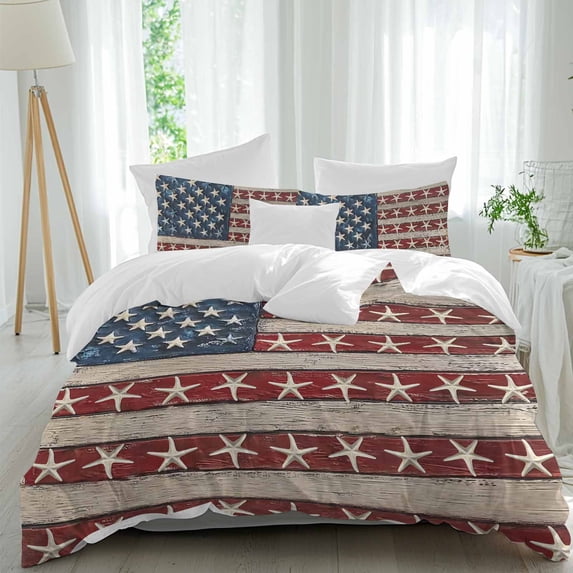 3 Piece Coastal American Flag Duvet Cover Set Queen Size, Microfiber Comforter/Quilt Cover with Corner Ties and 2 Pillowcases, Starfish Vintage USA Flag All Season Soft Bedding with Zipper Closure