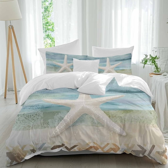 3 Piece Coastal Beach Duvet Cover Set Twin Size, Microfiber Comforter/Quilt Cover with Corner Ties and 2 Pillowcases, Summer Retro Starfish Wave All Season Soft Bedding with Zipper Closure