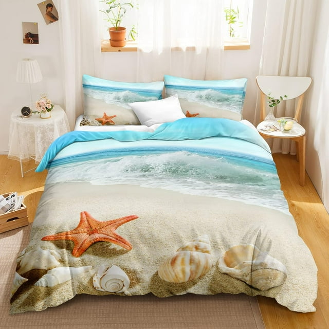 3 Piece Coastal Beach Quilt Set Full/Queen Size Ocean Theme Bedding Set Lightweight Bedspread