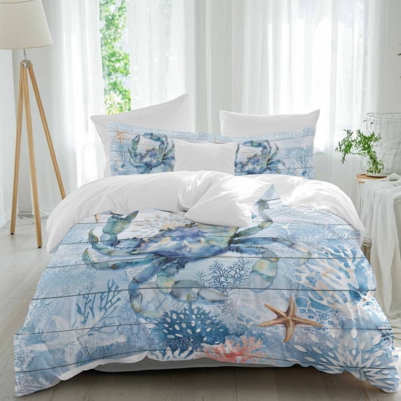 3 Piece Coastal Blue Crab Duvet Cover Set California King,Microfiber Comforter/Quilt Cover with Corner Ties and 2 Pillowcases,Ocean Nautical Starfish Coral Wooden Soft Bedding with Zipper Closure