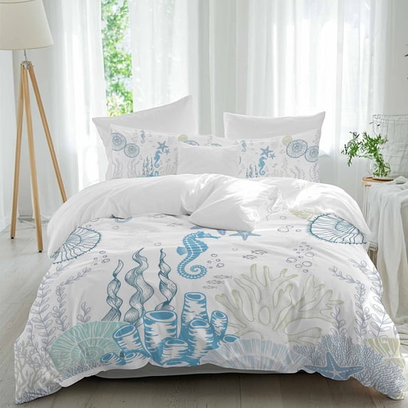 3 Piece Coastal Blue Duvet Cover Set Twin Size,Microfiber Comforter/Quilt Cover with Corner Ties and 2 Pillowcases,Ocean Coral Starfish Jellyfish Seahorse All Season Soft Bedding with Zipper Closure