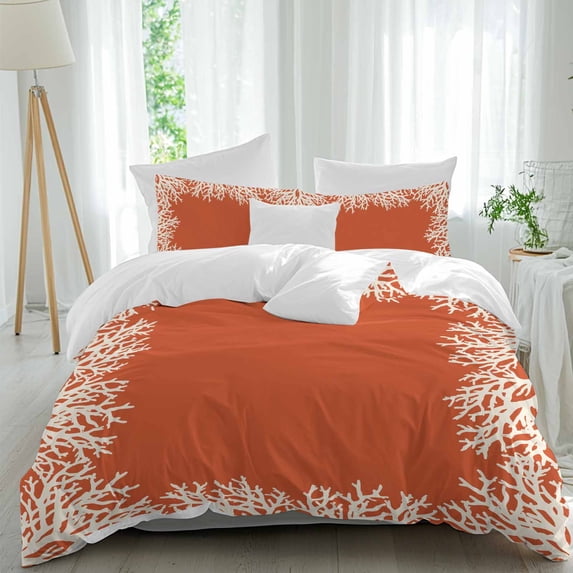 3 Piece Coastal Coral Duvet Cover Set California King,Microfiber Comforter/Quilt Cover with Corner Ties and 2 Pillowcases,Orange White Ocean Marine Nautical Beach Soft Bedding with Zipper Closure