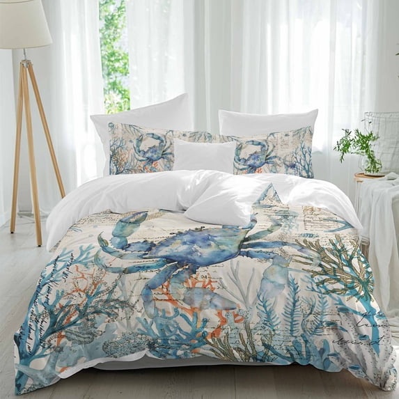 3 Piece Coastal Crab Duvet Cover Set California King, Microfiber Comforter/Quilt Cover with Corner Ties and 2 Pillowcases, Vintage Summer Beach Coral Ocean All Season Soft Bedding with Zipper Closure
