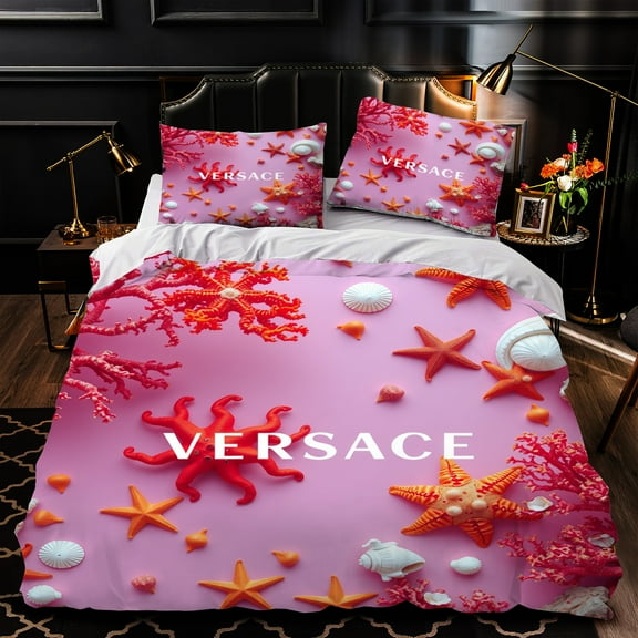 3-Piece Coastal Duvet Cover Set - Vibrant Coral Starfish & Seashell Pattern Pink & Purple Theme Luxurious Bedding for a Beach-Inspired Bedroom