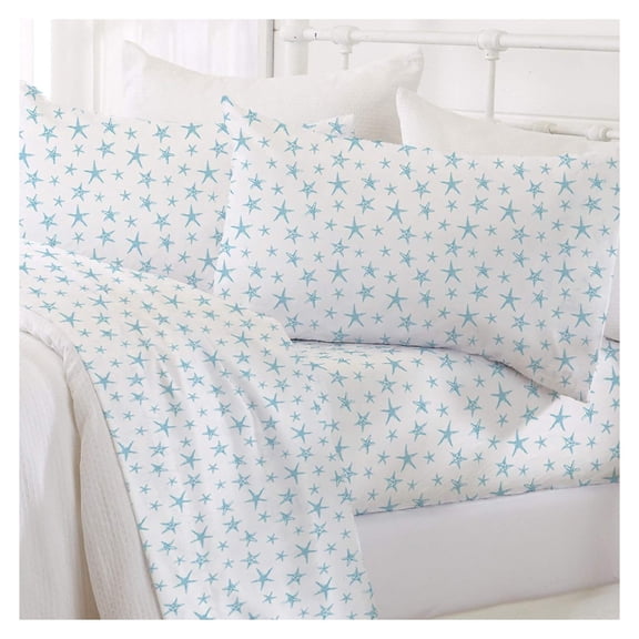 3-Piece Coastal Microfiber Sheet Set | Nautical-Printed, Ultra-Soft Sheets | Wrinkle & Fade Resistant Beach-Themed Prints & Patterns Bedding Sheets & Pillowcases. (, Starfish - Blue)