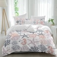 thumbnail image 1 of 3 Piece Coastal Ocean Duvet Cover Set Twin Size,Microfiber Comforter/Quilt Cover with Corner Ties and 2 Pillowcases,Green Pink Coral Starfish Seahorse Shell All Season Bedding with Zipper Closure, 1 of 8
