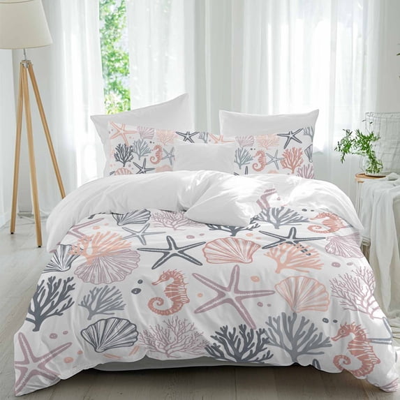 3 Piece Coastal Ocean Duvet Cover Set Twin Size,Microfiber Comforter/Quilt Cover with Corner Ties and 2 Pillowcases,Green Pink Coral Starfish Seahorse Shell All Season Bedding with Zipper Closure