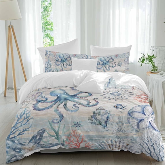 3 Piece Coastal Octopus Duvet Cover Set Queen Size,Microfiber Comforter/Quilt Cover with Corner Ties and 2 Pillowcases,Farmhouse Nautical Ocean Conch Coral All Season Soft Bedding with Zipper Closure