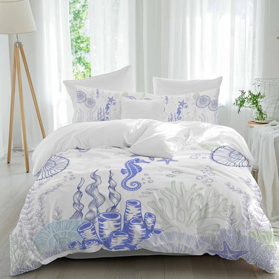 3 Piece Coastal Purple Duvet Cover Set Twin Size,Microfiber Comforter/Quilt Cover with Corner Ties and 2 Pillowcases,Ocean Coral Starfish Jellyfish Seahorse All Season Bedding with Zipper Closure