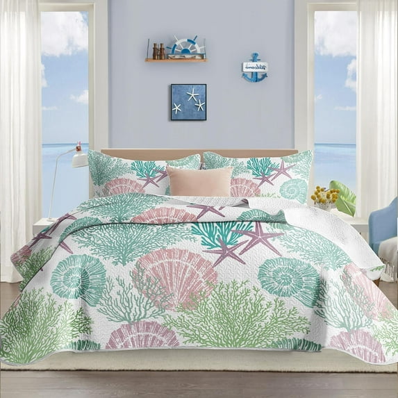 3 Piece Coastal Quilt Sets Full/Queen Size - Reversible Microfiber Quilts with 2 Shams Soft Lightweight Beach Bedding Nautical Bedspread Coverlet Summer Comforter for All Season, 90''x96''