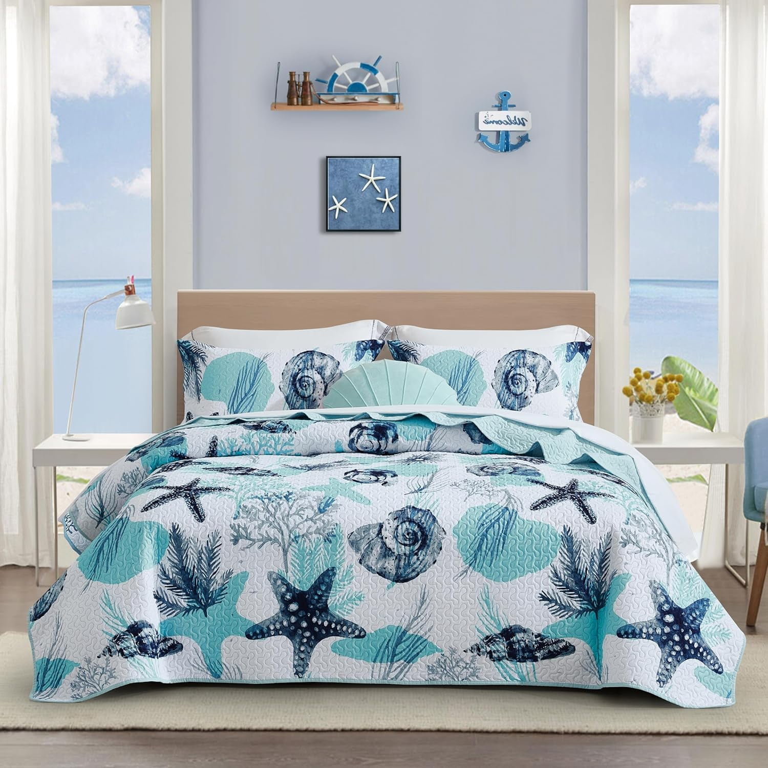King Navy Blue Green Plaid Shark Theme Reversible 3 Piece Coverlet Quilt Set main image 1