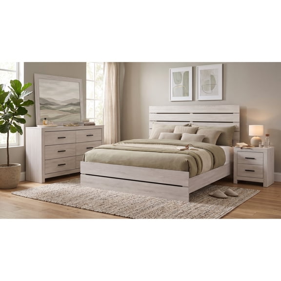 3-Piece Coastal White Bedroom Set with Eastern King Slat Bed, Nightstand & 6-Drawer Dresser, Modern Simple Design, Bronze Hardware