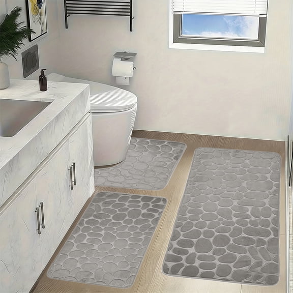 3-Piece Cobblestone Bathroom Mat Set, 25D Sponge Absorbent Non-Slip Velvet Fleece Rugs
