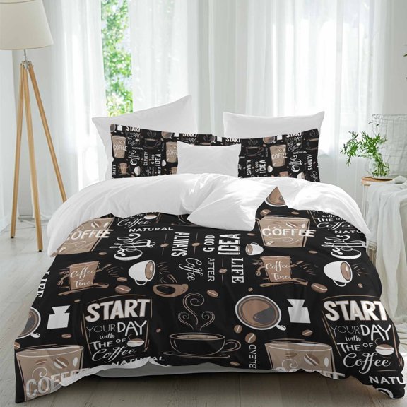 3 Piece Coffee Black Duvet Cover Set Twin Size,Microfiber Comforter/Quilt Cover with Corner Ties and 2 Pillowcases,Brown Beans Cup Dessert Drink Monochrome All Season Soft Bedding with Zipper Closure