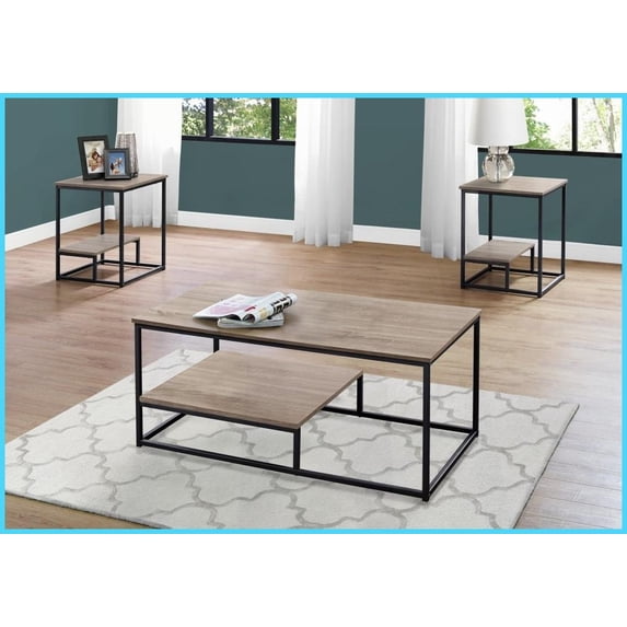 3-Piece Coffee & End Table Set, Brown Laminate Black Metal, Space-Saving Contemporary Living Room Furniture with Storage