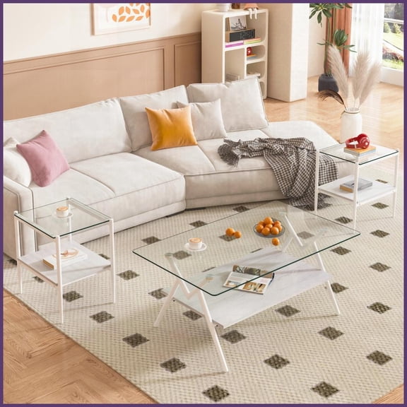 3-Piece Coffee & End Table Set - Tempered Glass Top, Easy-Clean & Storage-Friendly for Living Room