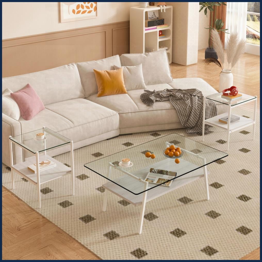 3-Piece Coffee & End Table Set for Living Room, Tempered Glass Top, Easy-Clean & Sturdy Storage